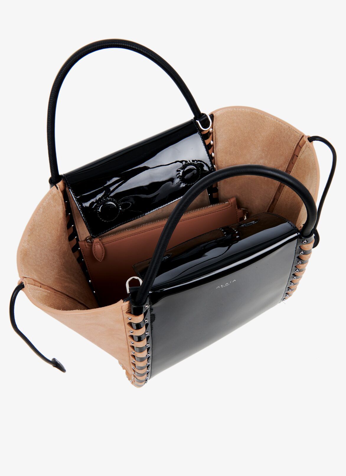 Small Hinge patent leather bag
 ALAÏA ANTIQUE PINK/BLACK SMALL HINGE PATENT LEATHER BAG